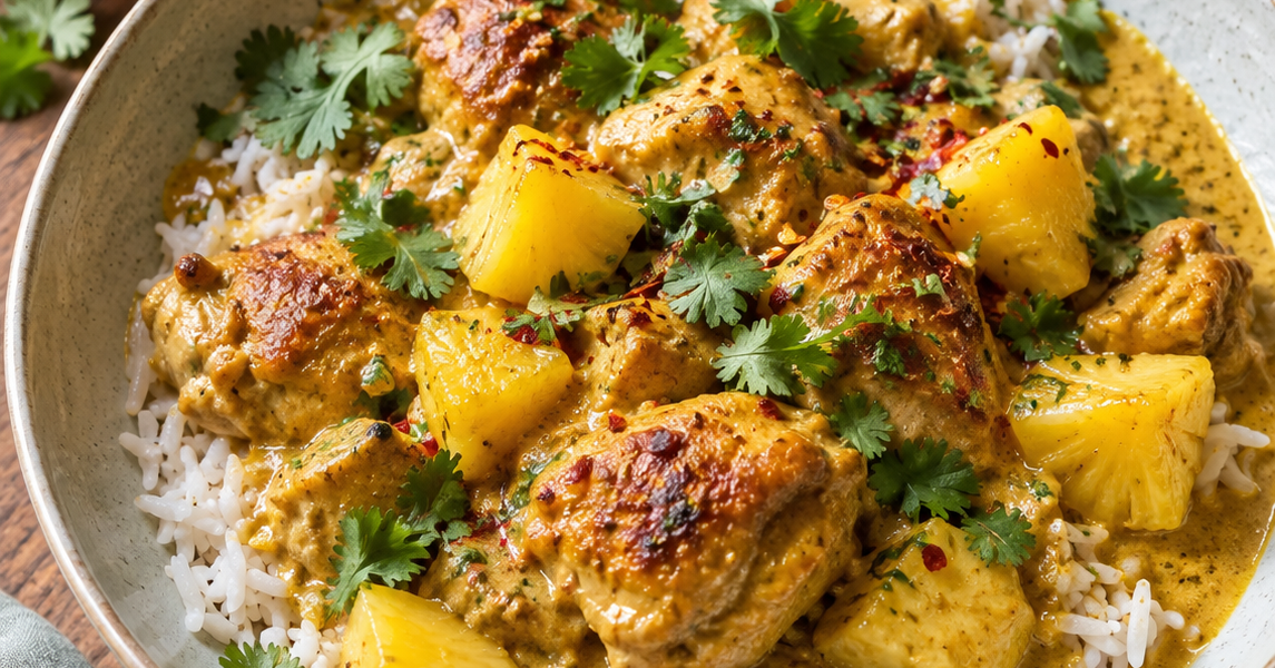Cremiges Hähnchen-Ananas-Curry mit Kokosmilch, Basmatireis und Koriander; KI-generiertes Rezeptbild