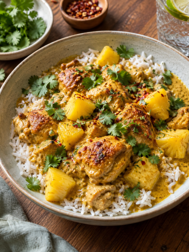 Cremiges Hähnchen-Ananas-Curry mit Kokosmilch, Basmatireis und Koriander; KI-generiertes Rezeptbild