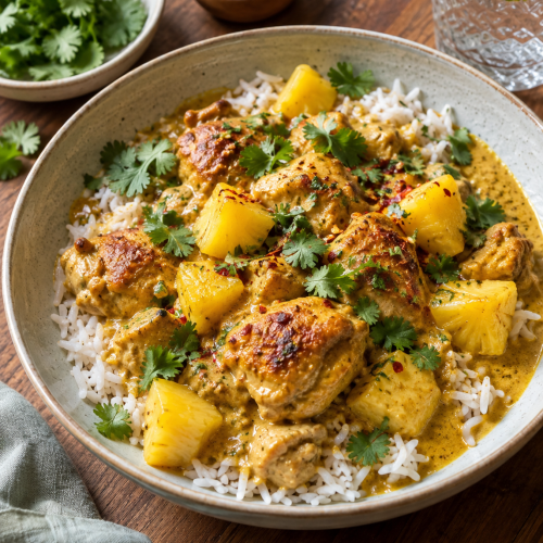 Cremiges Hähnchen-Ananas-Curry mit Kokosmilch, Basmatireis und Koriander; KI-generiertes Rezeptbild
