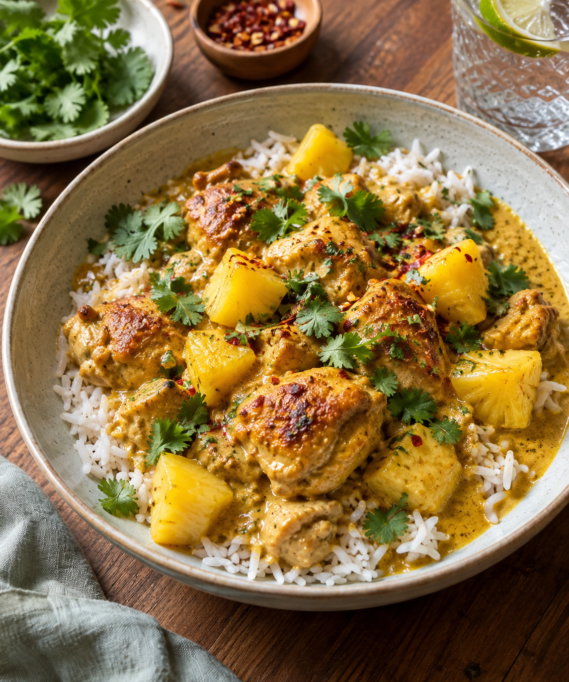 Cremiges Hähnchen-Ananas-Curry mit Kokosmilch, Basmatireis und Koriander; KI-generiertes Rezeptbild