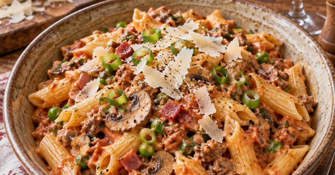 Hirtenmakkaroni mit Hackfleisch, Südtiroler Speck, Kochschinken, Pilzen und Parmesan; KI-generiertes Rezeptbild