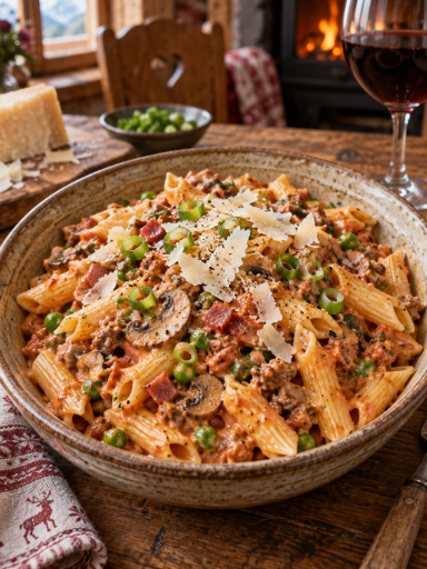 Hirtenmakkaroni mit Hackfleisch, Südtiroler Speck, Kochschinken, Pilzen und Parmesan; KI-generiertes Rezeptbild