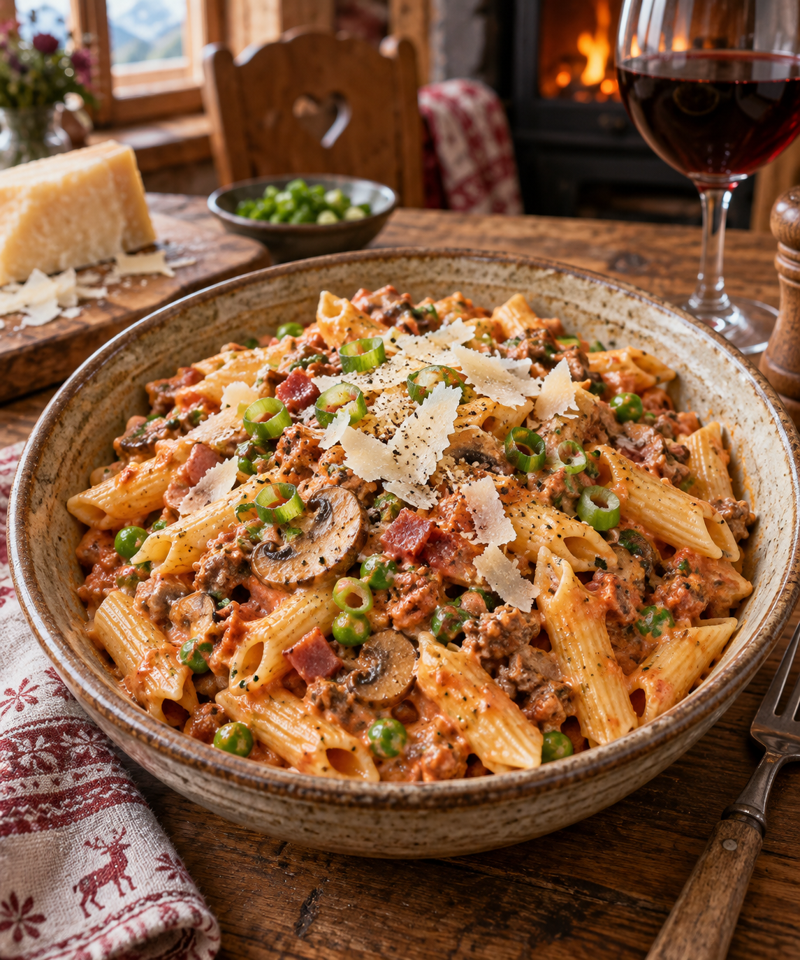 Hirtenmakkaroni mit Hackfleisch, Südtiroler Speck, Kochschinken, Pilzen und Parmesan; KI-generiertes Rezeptbild