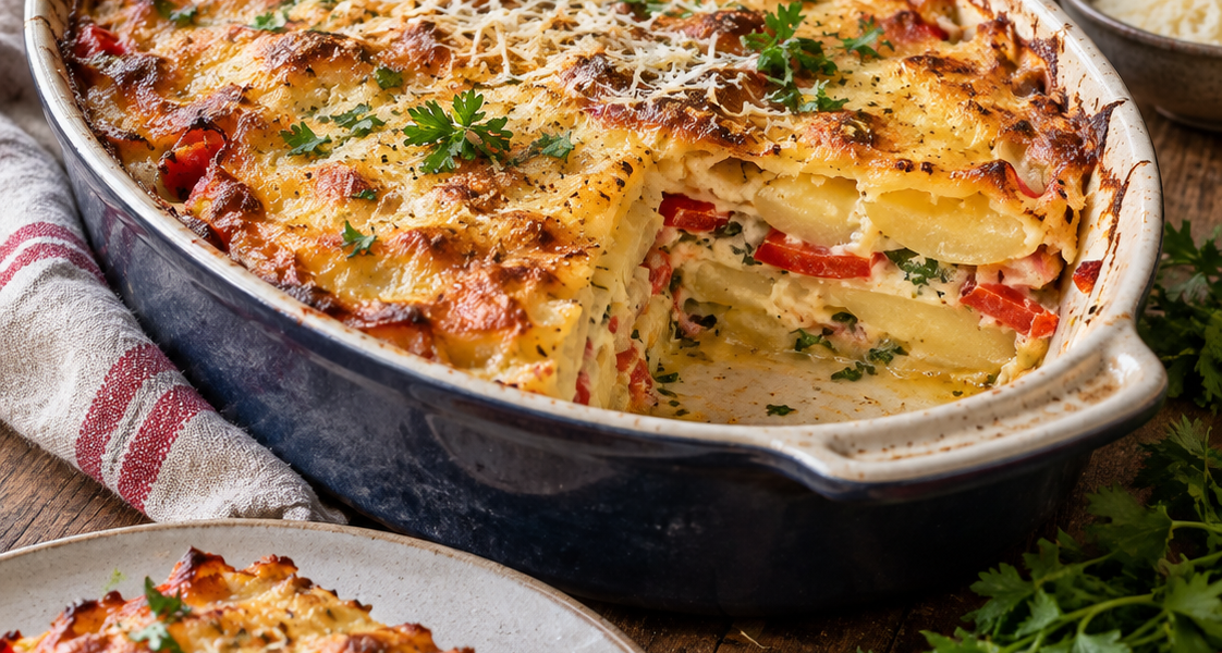 Cremiger Kartoffelauflauf mit Gemüse, Paprika und Parmesan