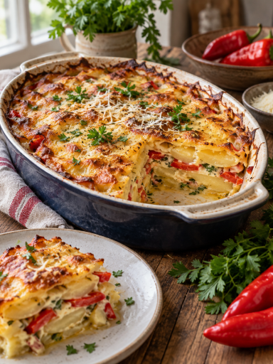 Cremiger Kartoffelauflauf mit Gemüse, Paprika und Parmesan