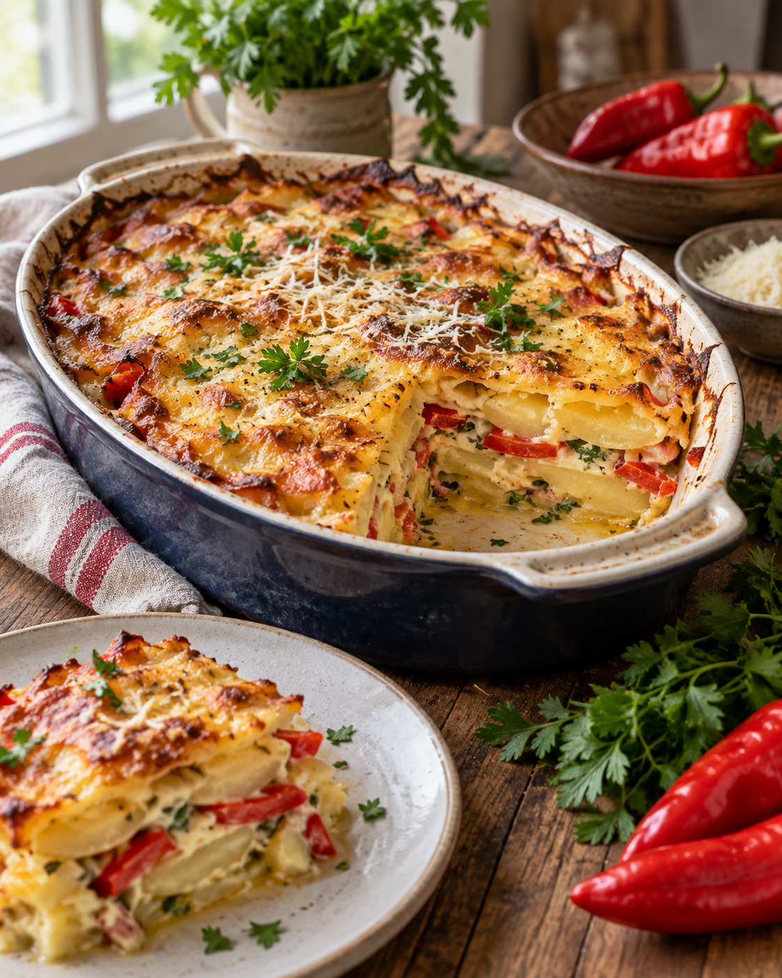 Cremiger Kartoffelauflauf mit Gemüse, Paprika und Parmesan