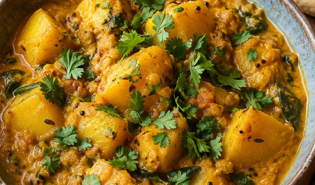 Würziges Kartoffelcurry in cremiger Kokosmilchsauce, mit Koriander und Naan; KI-generiertes Rezeptbild