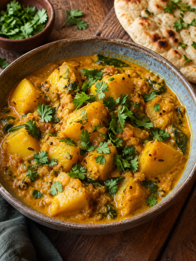Würziges Kartoffelcurry in cremiger Kokosmilchsauce, mit Koriander und Naan; KI-generiertes Rezeptbild