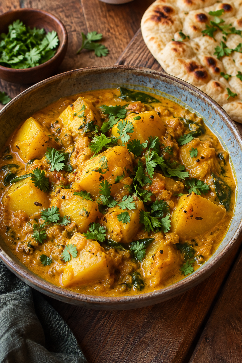 Würziges Kartoffelcurry in cremiger Kokosmilchsauce, mit Koriander und Naan; KI-generiertes Rezeptbild