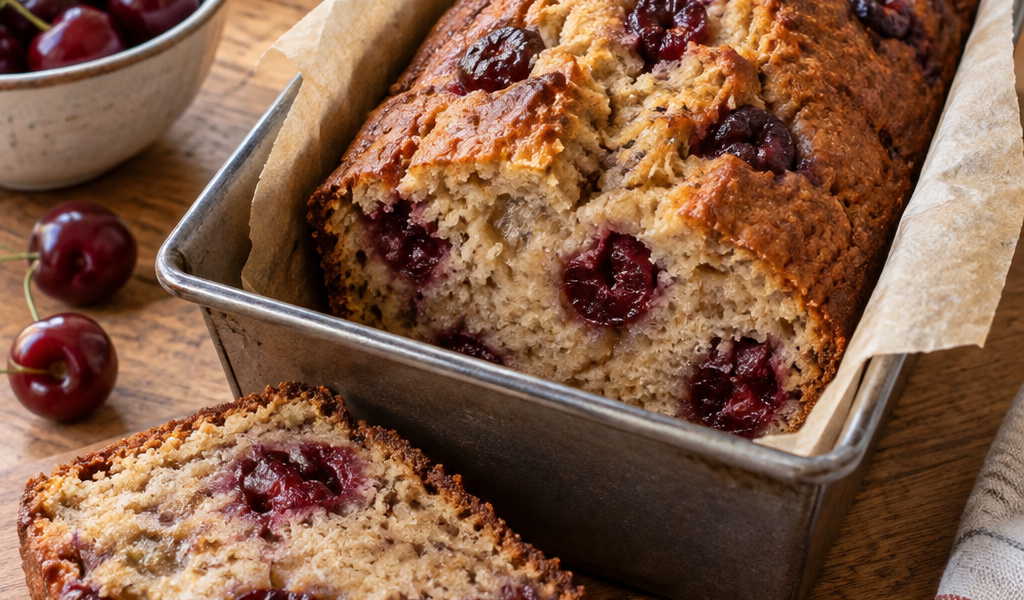 Kirsch-Bananenbrot mit saftigem Bananenteig und Kirschen; KI-generiertes Rezeptbild