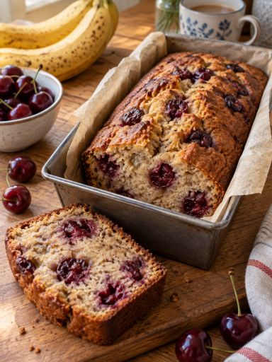 Kirsch-Bananenbrot mit saftigem Bananenteig und Kirschen; KI-generiertes Rezeptbild
