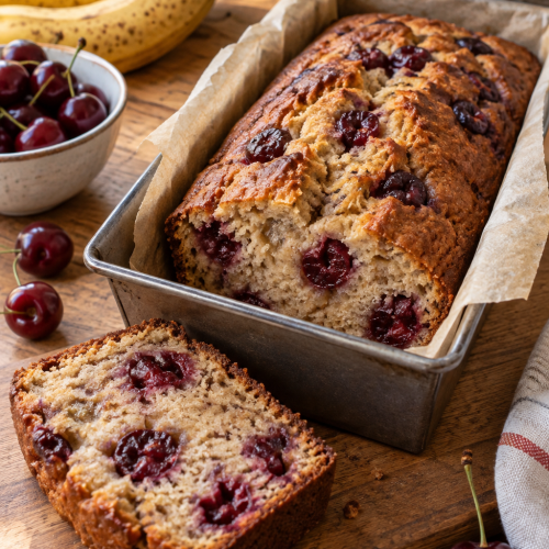 Kirsch-Bananenbrot mit saftigem Bananenteig und Kirschen; KI-generiertes Rezeptbild
