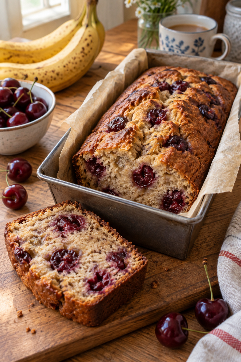Kirsch-Bananenbrot mit saftigem Bananenteig und Kirschen; KI-generiertes Rezeptbild