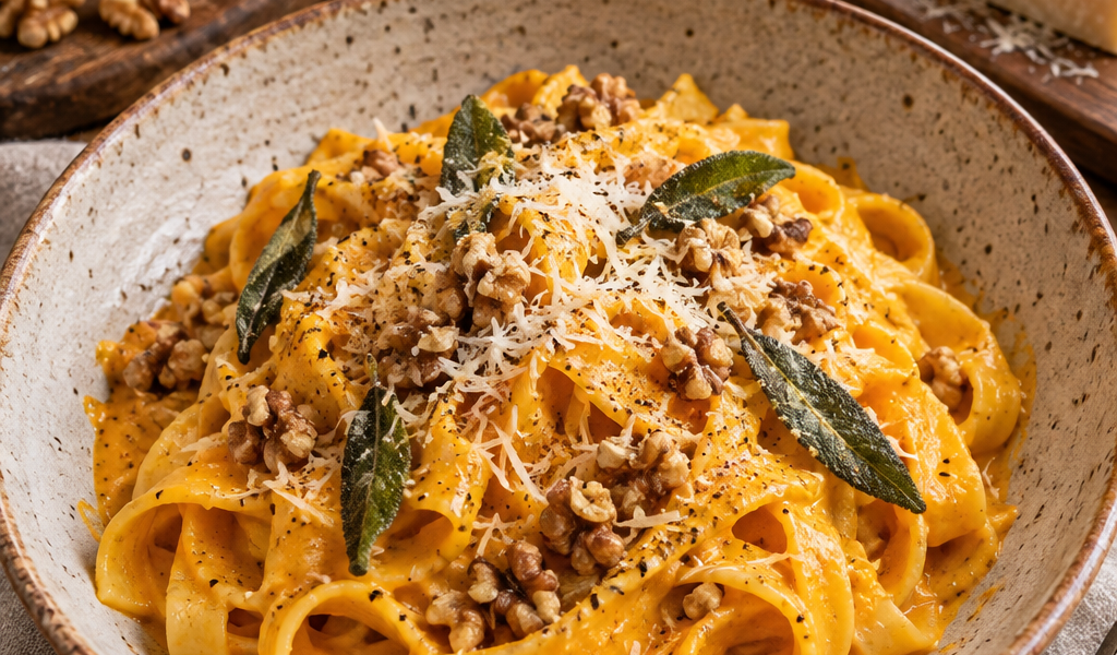 Cremige One-Pot-Pasta mit Kürbis, Parmesan und gerösteten Walnüssen; KI-generiertes Rezeptbild