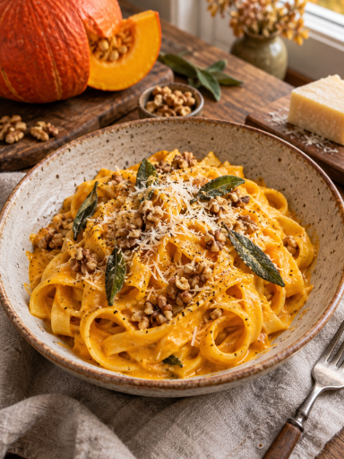 Cremige One-Pot-Pasta mit Kürbis, Parmesan und gerösteten Walnüssen; KI-generiertes Rezeptbild