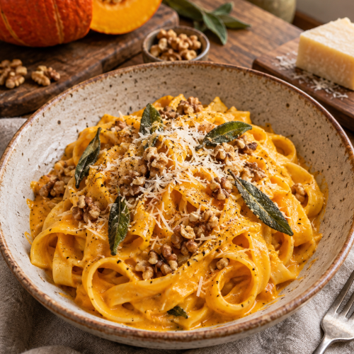 Cremige One-Pot-Pasta mit Kürbis, Parmesan und gerösteten Walnüssen; KI-generiertes Rezeptbild