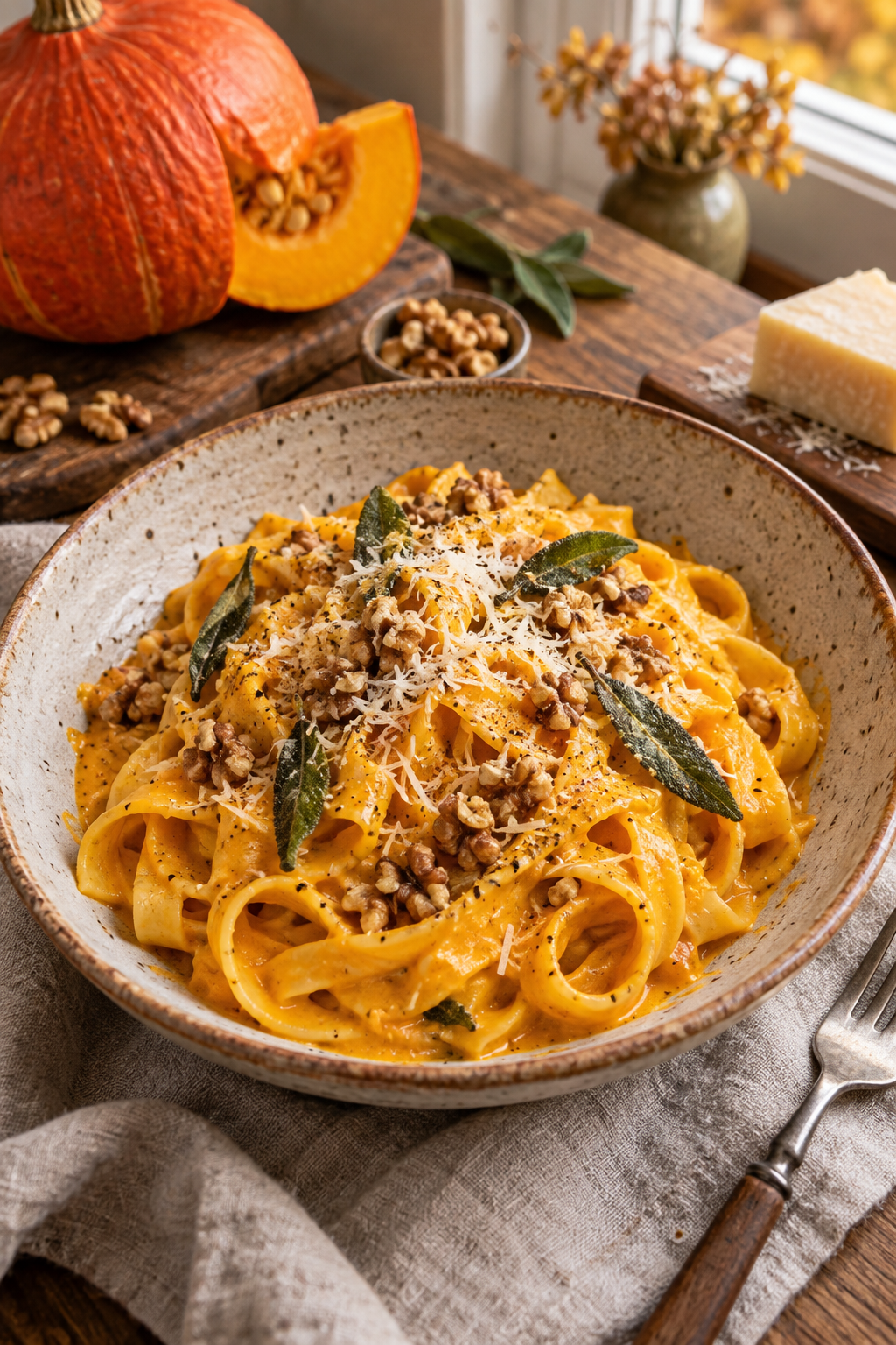 Cremige One-Pot-Pasta mit Kürbis, Parmesan und gerösteten Walnüssen; KI-generiertes Rezeptbild