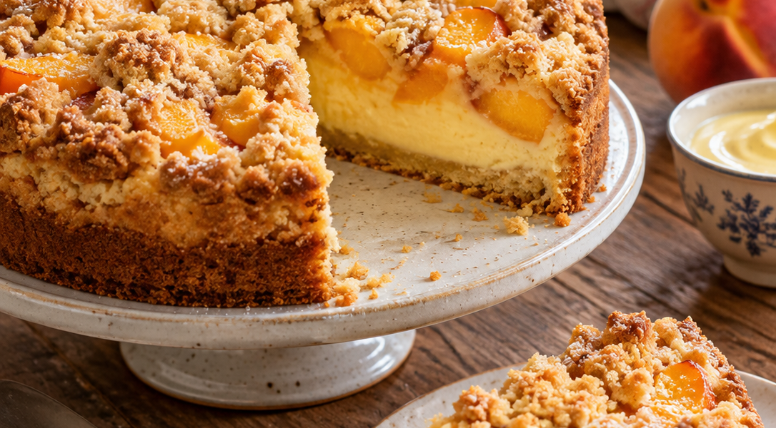 Pfirsich-Streuselkuchen mit Vanillepudding – selbst generiertes Rezeptfoto