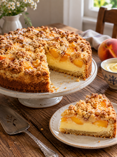Pfirsich-Streuselkuchen mit Vanillepudding – selbst generiertes Rezeptfoto