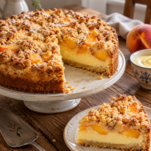 Pfirsich-Streuselkuchen mit Vanillepudding – selbst generiertes Rezeptfoto