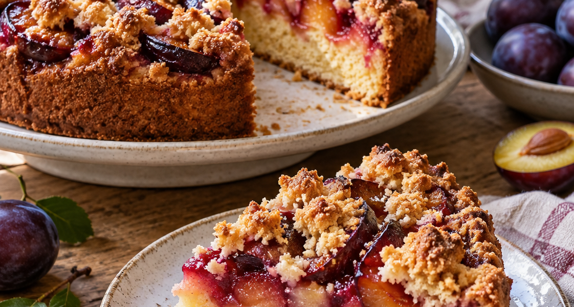 Pflaumenkuchen mit Streuseln und saftigen Zwetschken