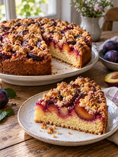 Pflaumenkuchen mit Streuseln und saftigen Zwetschken