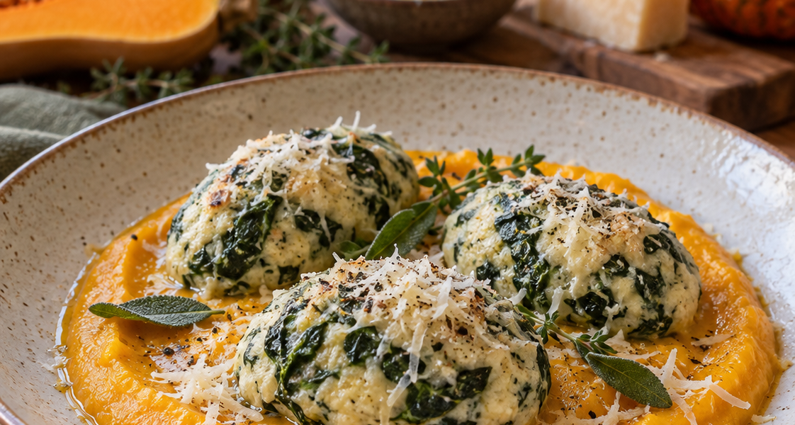 Pikante Topfenknödel mit Spinat auf Kürbismus