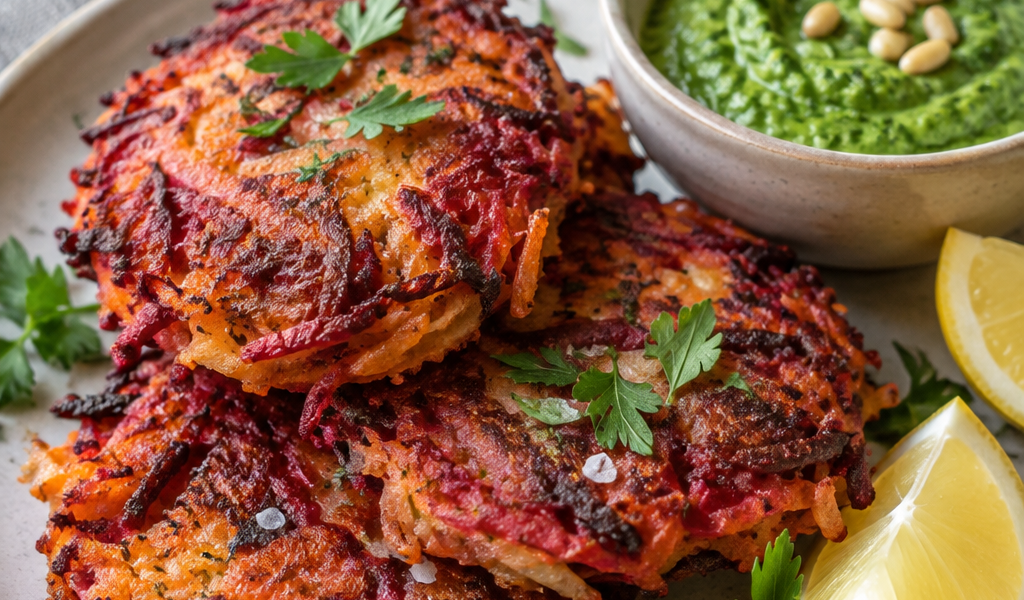 Rote-Bete-Karotten-Kartoffel-Fritters mit grünem Petersilien-Zedernuss-Dip; KI-generiertes Rezeptbild