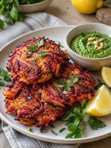 Rote-Bete-Karotten-Kartoffel-Fritters mit grünem Petersilien-Zedernuss-Dip; KI-generiertes Rezeptbild