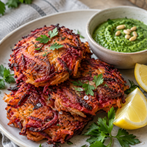 Rote-Bete-Karotten-Kartoffel-Fritters mit grünem Petersilien-Zedernuss-Dip; KI-generiertes Rezeptbild