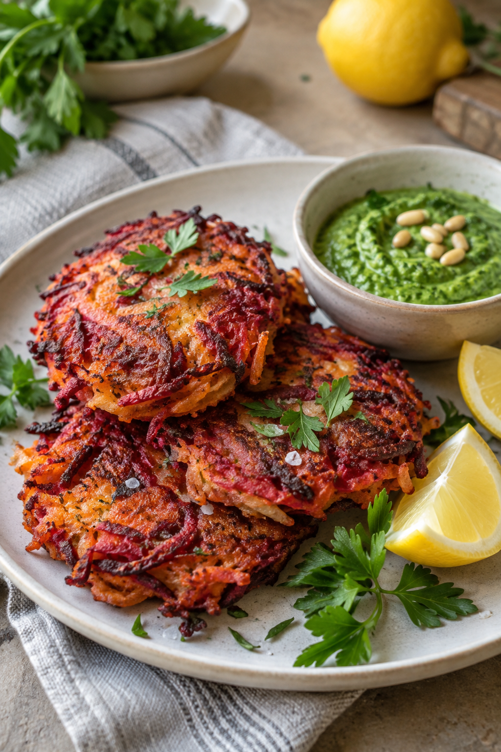 Rote-Bete-Karotten-Kartoffel-Fritters mit grünem Petersilien-Zedernuss-Dip; KI-generiertes Rezeptbild