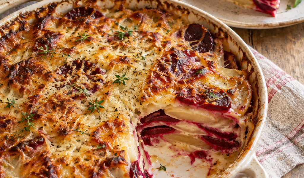 Rote-Bete-Kartoffelgratin mit Kartoffeln und goldbrauner Käsekruste; KI-generiertes Rezeptbild