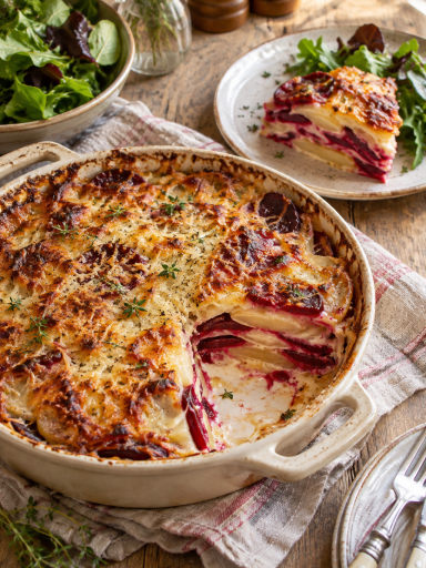 Rote-Bete-Kartoffelgratin mit Kartoffeln und goldbrauner Käsekruste; KI-generiertes Rezeptbild