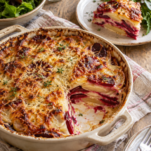 Rote-Bete-Kartoffelgratin mit Kartoffeln und goldbrauner Käsekruste; KI-generiertes Rezeptbild