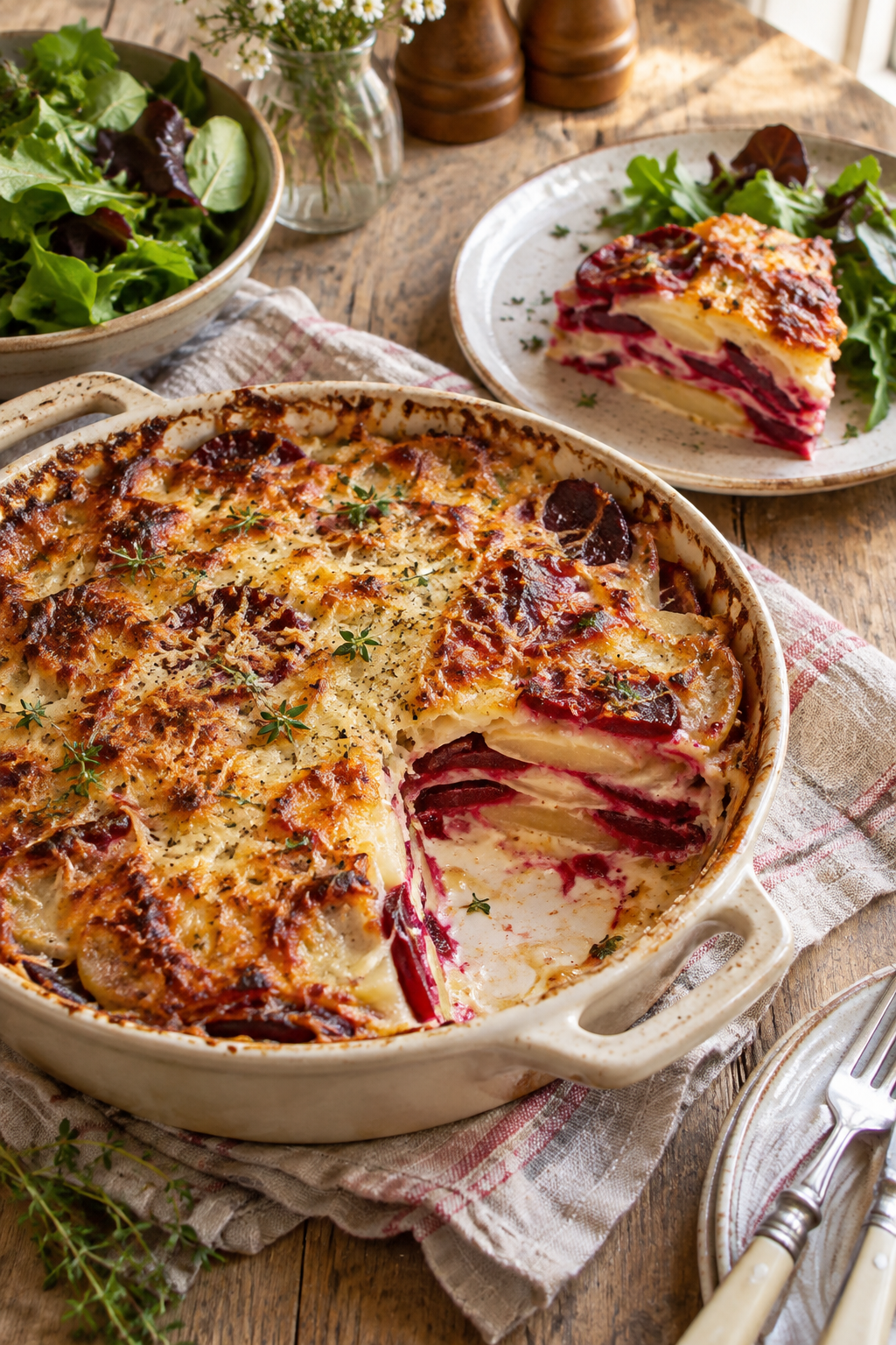 Rote-Bete-Kartoffelgratin mit Kartoffeln und goldbrauner Käsekruste; KI-generiertes Rezeptbild