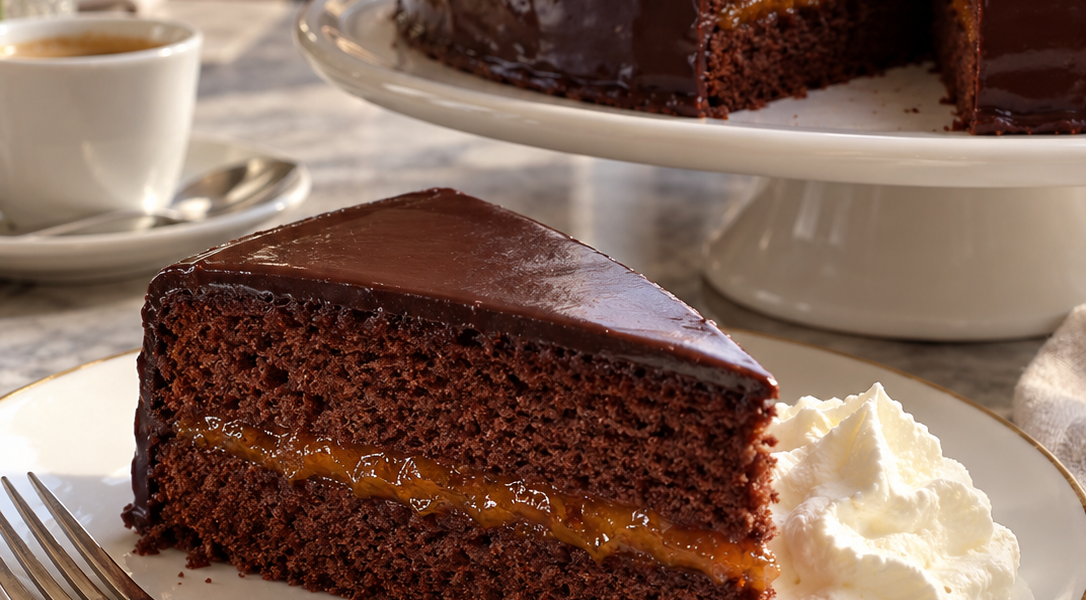 Sachertorte mit glänzender Schokoladenglasur und sichtbarer Marillenmarmeladen-Schicht im Anschnitt