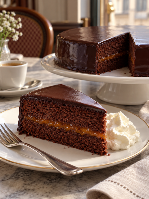 Sachertorte mit glänzender Schokoladenglasur und sichtbarer Marillenmarmeladen-Schicht im Anschnitt