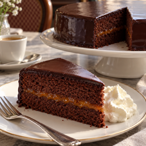 Sachertorte mit glänzender Schokoladenglasur und sichtbarer Marillenmarmeladen-Schicht im Anschnitt