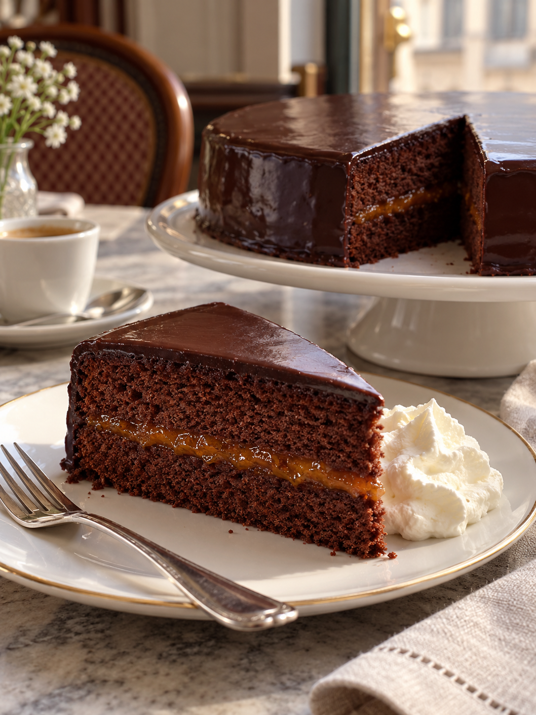 Sachertorte mit glänzender Schokoladenglasur und sichtbarer Marillenmarmeladen-Schicht im Anschnitt
