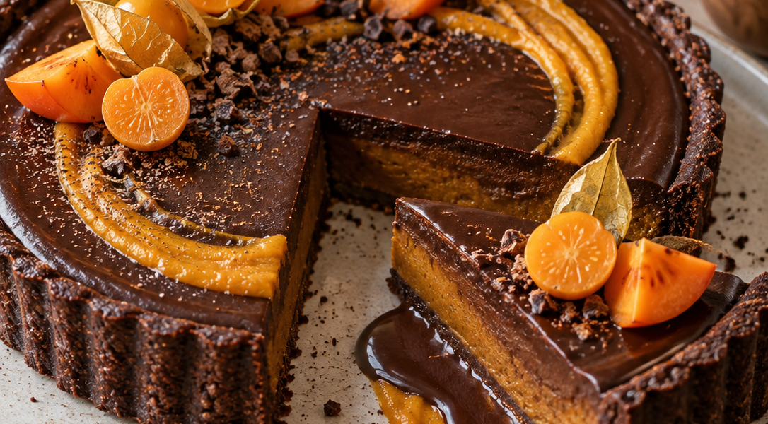 Schokoladen-Kürbis-Tarte mit Schokosauce, Kürbisspiegel und Physalis, KI-generiertes Rezeptbild
