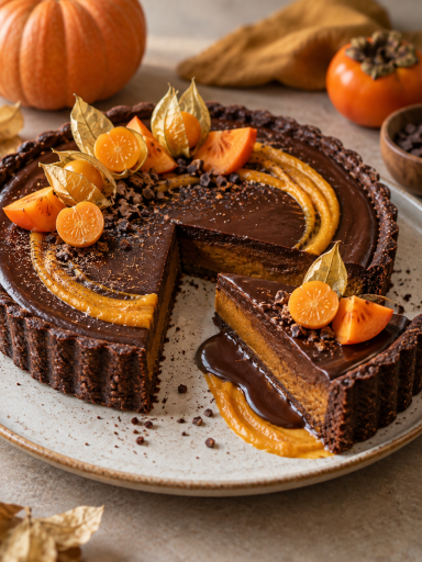 Schokoladen-Kürbis-Tarte mit Schokosauce, Kürbisspiegel und Physalis, KI-generiertes Rezeptbild
