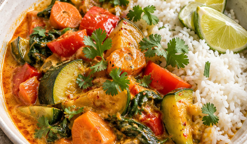Veganes Thai-Gemüse-Curry mit Kokosmilch, Karotten, Paprika, Zucchini und Reis; KI-generiertes Rezeptbild