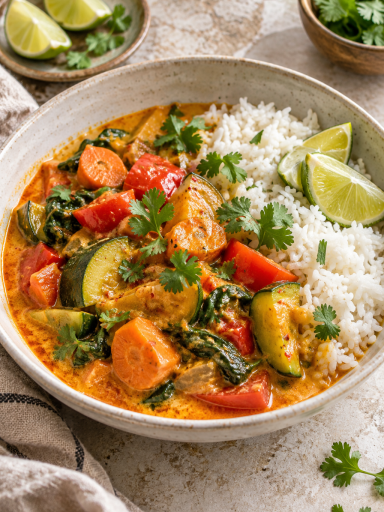 Veganes Thai-Gemüse-Curry mit Kokosmilch, Karotten, Paprika, Zucchini und Reis; KI-generiertes Rezeptbild
