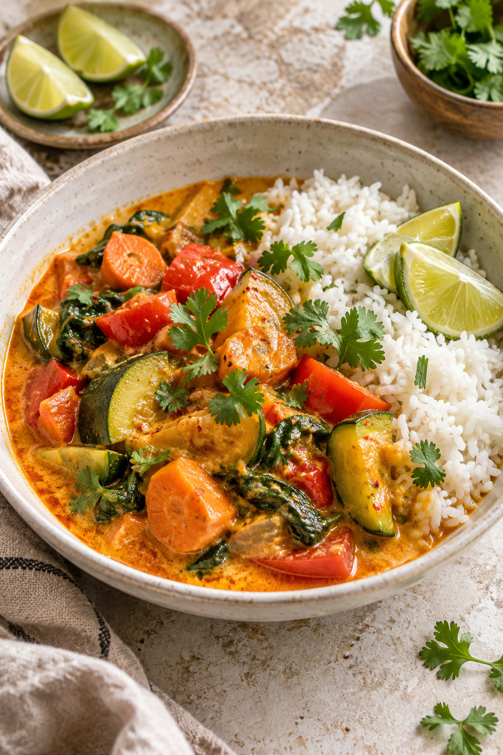 Veganes Thai-Gemüse-Curry mit Kokosmilch, Karotten, Paprika, Zucchini und Reis; KI-generiertes Rezeptbild