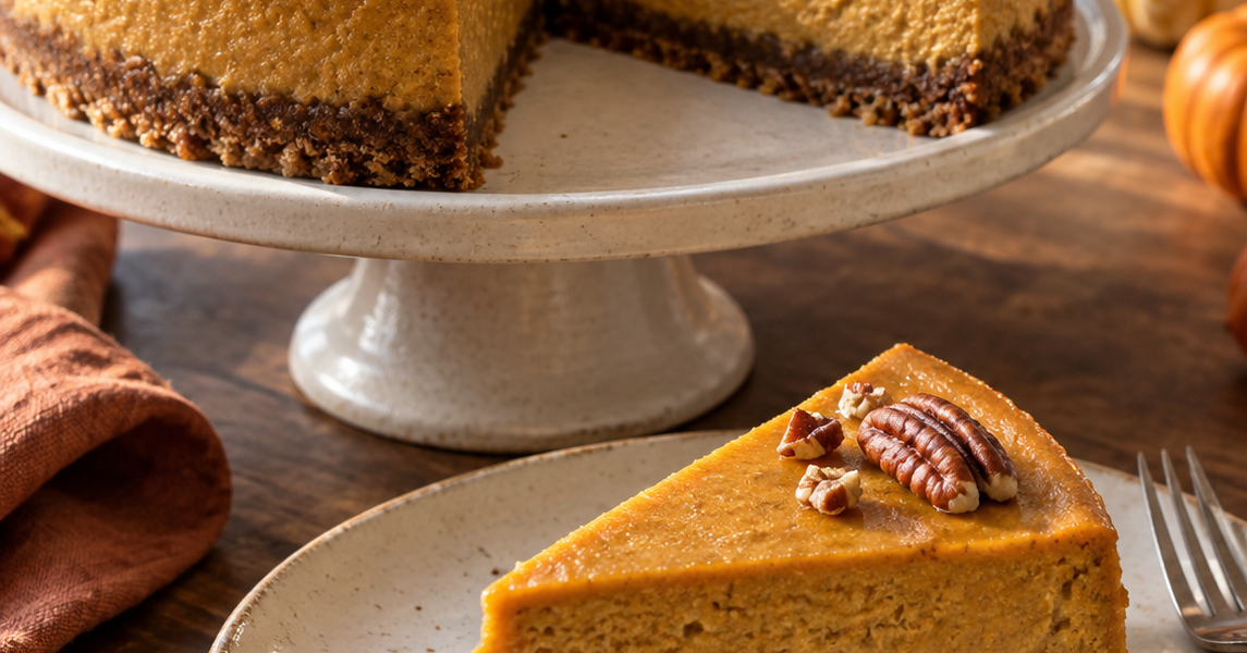 Veganer Kürbis-Cheesecake mit Pekannüssen und Keksboden