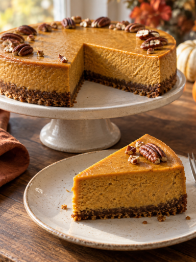 Veganer Kürbis-Cheesecake mit Pekannüssen und Keksboden