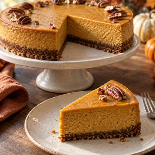 Veganer Kürbis-Cheesecake mit Pekannüssen und Keksboden