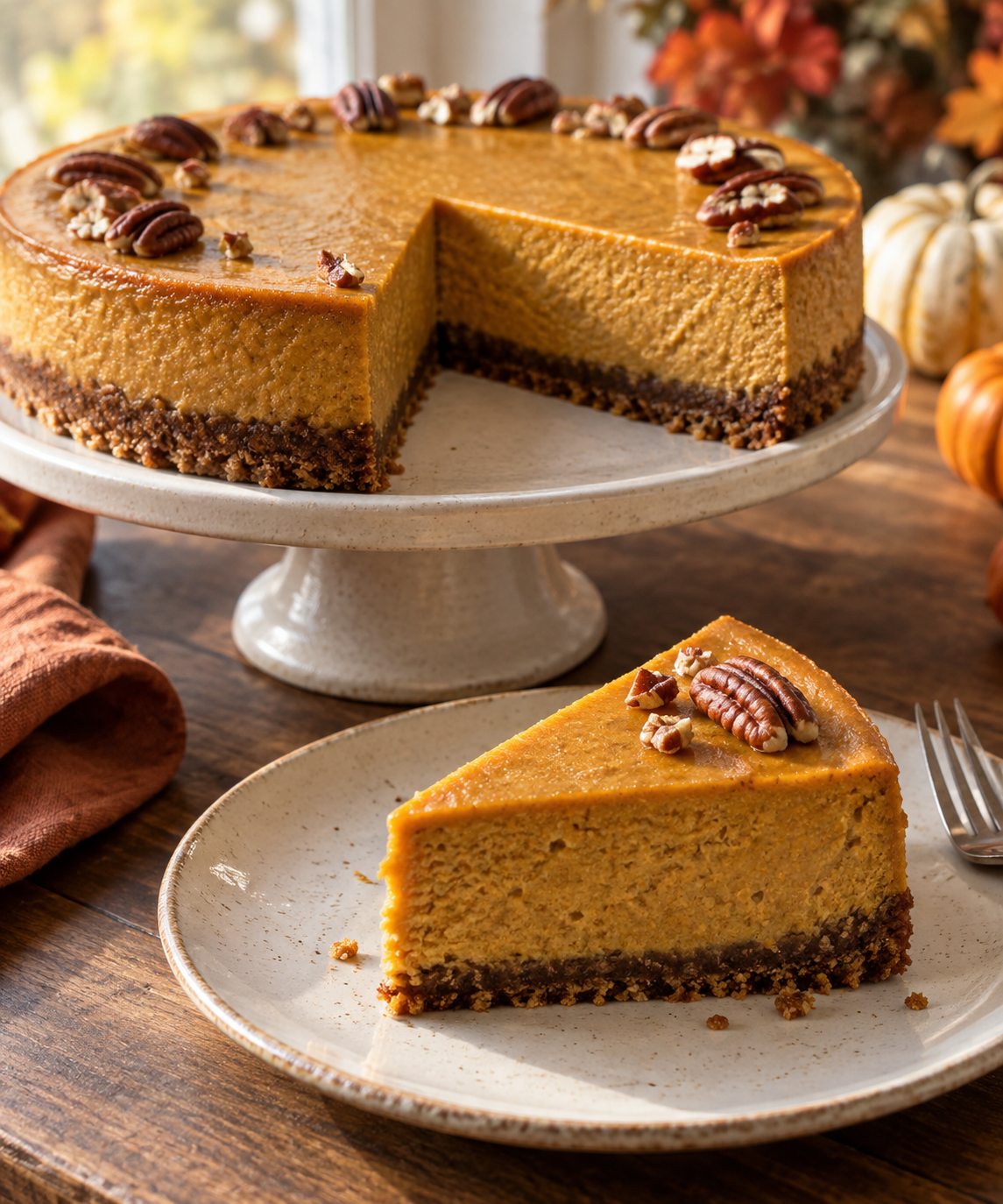 Veganer Kürbis-Cheesecake mit Pekannüssen und Keksboden