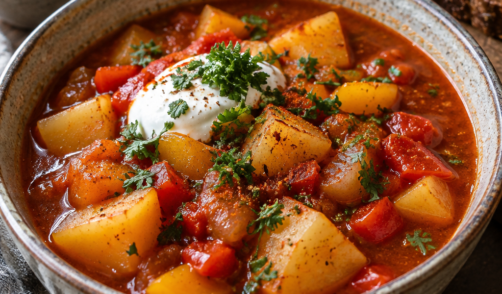 Vegetarisches Kartoffelgulasch mit Kartoffeln, Paprika, Petersilie und einem Klecks saurer Sahne; KI-generiertes Rezeptbild