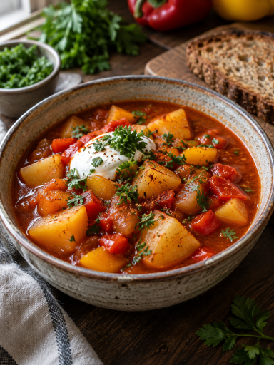 Vegetarisches Kartoffelgulasch mit Kartoffeln, Paprika, Petersilie und einem Klecks saurer Sahne; KI-generiertes Rezeptbild